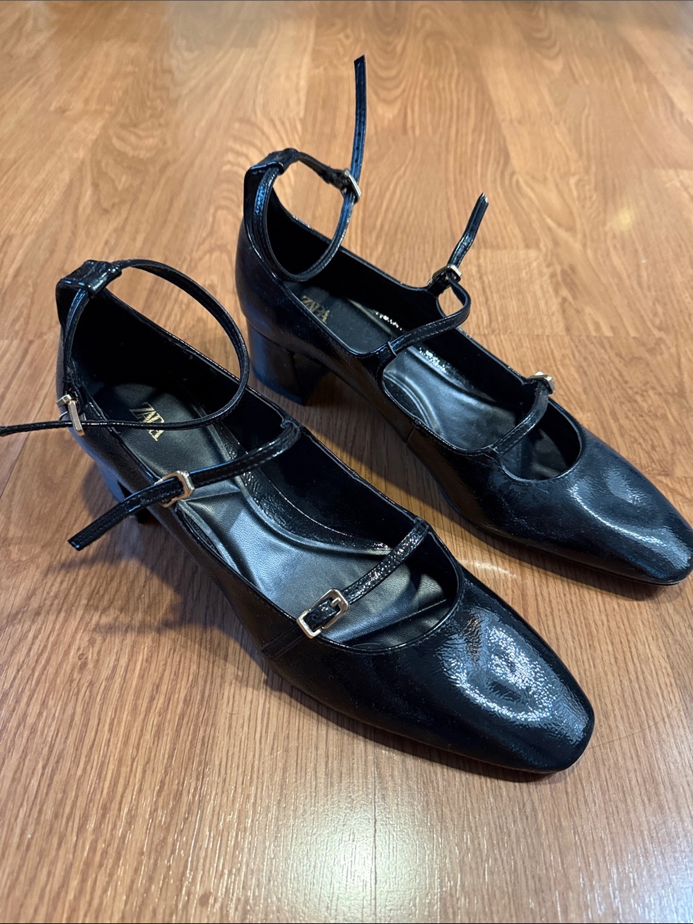 Zara Black Patent Mary Jane Block Heel Pumps